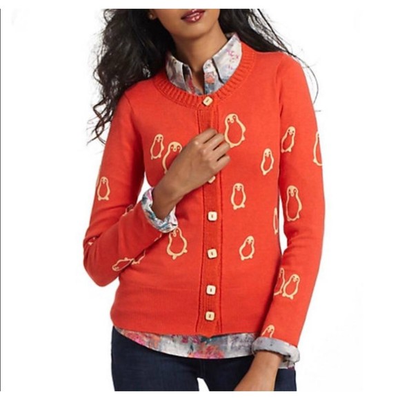 Anthropologie Sweaters - Field & Flower Anthropologie Orange Cardigan with Cute Penguins Medium